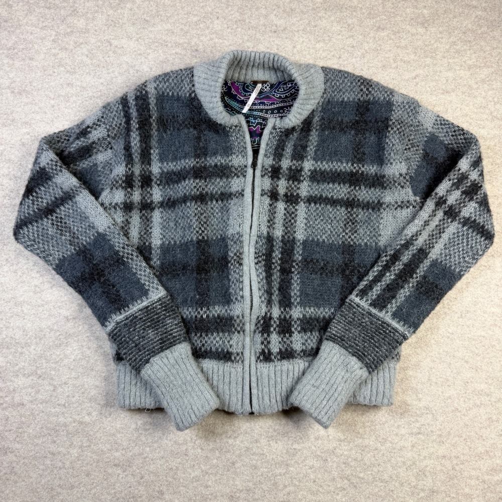 Free People Plaid Full Zip Cardigan Sweater Grey Black Mohair Style XS